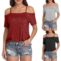 Sexy Off-shoulder Short Sleeve Solid Color Sling T-shirt 