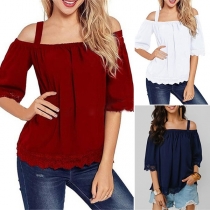 Sexy Off-shoulder Short Sleeve Lace Spliced Top 