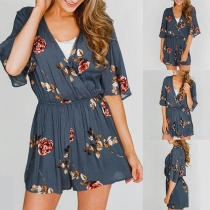 Fashion Short Sleeve V-neck Printed Romper 
