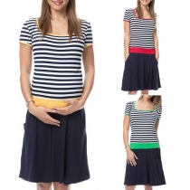 Fashion Contrast Color Striped Spliced Short Sleeve Maternity Dress