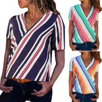 Fashion Short Sleeve V-neck Striped Blouse 