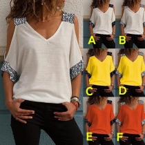 Sexy Off-shoulder Short Sleeve V-neck Sequin Spliced T-shirt 