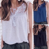 Fashion Sleeveless Round Neck Irregular Hem Lace Spliced Dress