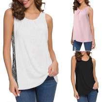 Fashion Lace Spliced Sleeveless Round Neck Top 