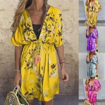 Sexy Deep V-neck Dolman Sleeve Printed Dress