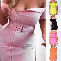 Sexy Off-shoulder Boat Neck Front-zipper Slim Fit Dress