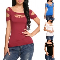 Sexy Off-shoulder Short Sleeve Solid Color Hollow Out T-shirt 