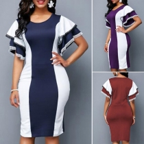 OL Style Lotus Sleeve Congtrast Color Slim Fit Dress