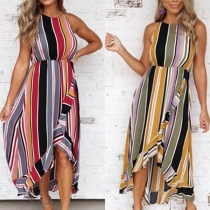 Sexy Backless Irregular Hem Colorful Striped Sling Dress