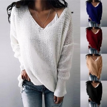 Fashion Solid Color Long Sleeve V-neck Loose Sweater 