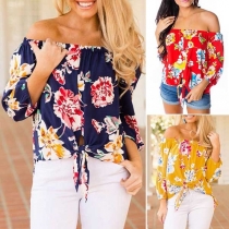 Sexy Off-shoulder Boat Neck 3/4 Sleeve Knotted Hem Printed Top 