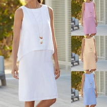 Fashion Solid Color Sleeveless Round Neck Mock Two-piece Dress