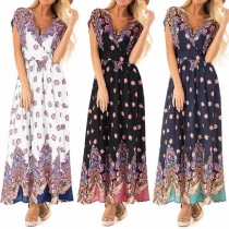 Bohemian Style Short Sleeve V-neck High Waist Printed Dress