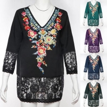 Fashion Lace Spliced 3/4 Sleeve V-neck Embroidered Top