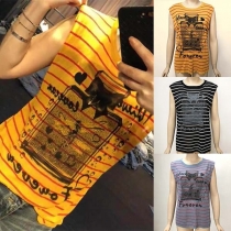 Fashion Sleeveless Round Neck Striped Printed Tank Top 