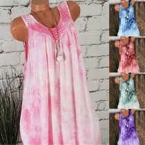 Fashion Sleeveless Round Neck Lace Spliced Tie-dye Printed Dress