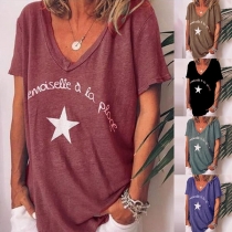 Fashion Letters Printed Short Sleeve V-neck Loose T-shirt 