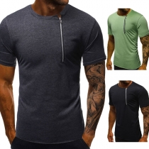 Fashion Solid Color Short Sleeve Side-zipper Men's T-shirt