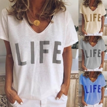 Fashion Short Sleeve V-neck Letters Printed T-shirt
