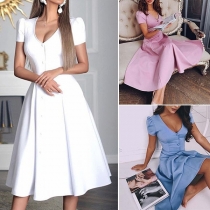 Elegant Solid Color Short Sleeve V-neck Dress