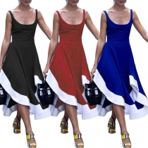 Sexy Backless Irregular Hem Contrast Color Dress