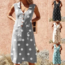 Fashion Sleeveless V-neck Front-pocket Dots Printed Dress