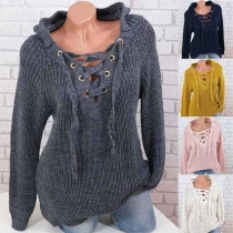 Fashion Solid Color Lace-up V-neck Hooded Sweater