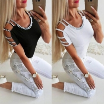 Sexy Off-shoulder Short Sleeve Round Neck Beaded T-shirt