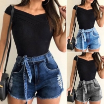 Fashion Lace-up High Waist Ripped Denim Shorts(It falls small)