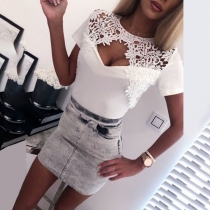 Sexy Hollow Out Lace Spliced Short Sleeve Round Neck T-shirt 