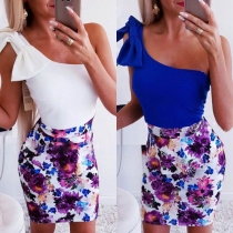 Sexy One-shoulder Sleeveless Bowknot Printed Dress