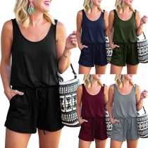 Fashion Solid Color Sleeveless Drawstring Waist Romper