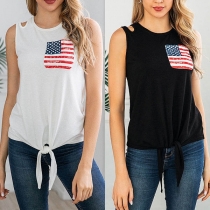 Fashion Sleeveless Knotted Hem Flag Printed T-shirt