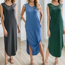 Fashion Solid Color Sleeveless Irregular Hem Hollow Out Dress