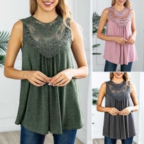 Fashion Solid Color Sleeveless Round Neck Lace Spliced Top