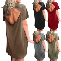 Sexy Backless Short Sleeve Round Neck Solid Color T-shirt Dress