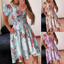 Fashion Short Sleeve Round Neck Irregular Hem Printed Dress