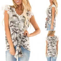Fashion Lace Spliced Sleeveless V-neck Camouflage Printed Top