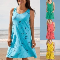 Fashion Sleeveless Round Neck Front-pocket Printed Dress