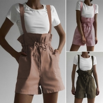 Fashion Solid Color High Waist Overalls Shorts