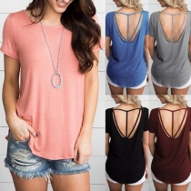 Sexy Backless Short Sleeve Round Neck Solid Color T-shirt 