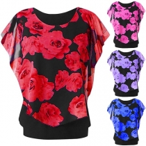 Fashion Dolman Sleeve Round Neck Rose Printed T-shirt