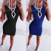 Sexy Hollow Out Rhinestone Spliced Round Neck Sleeveless Dress