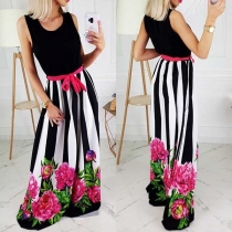 Fashion Sleeveless Round Neck Printed Spliced Maxi Dress