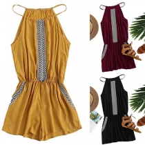 Sexy Off-shoulder Elastic Waist Printed Spliced Sling Romper