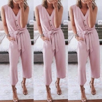 Fashion Solid Color Sleeveless V-neck Jumpsuit