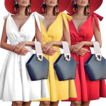 Sexy Deep V-neck Sleeveless High Waist Solid Color Dress