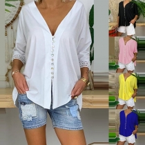 Fashion Lace Spliced 3/4 SleeveV-neck Solid Color Blouse