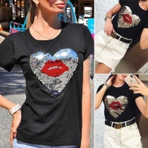 Fashion Sequin Heart Short Sleeve Round Neck T-shirt