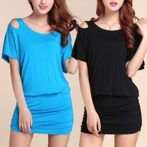 Sexy Holow Out Short Sleeve Round Neck Solid Color Dress